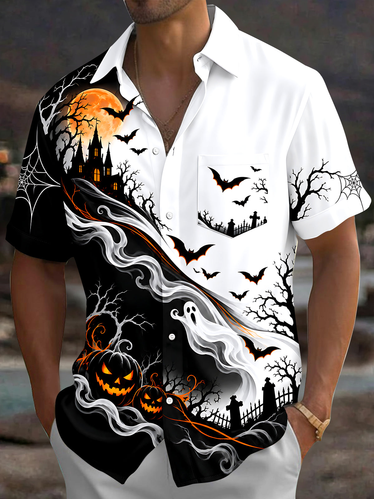 Adaychic Men's Graphic Halloween Ghosts And Pumpkins Print Short Sleeve Shirt with Chest Pocket