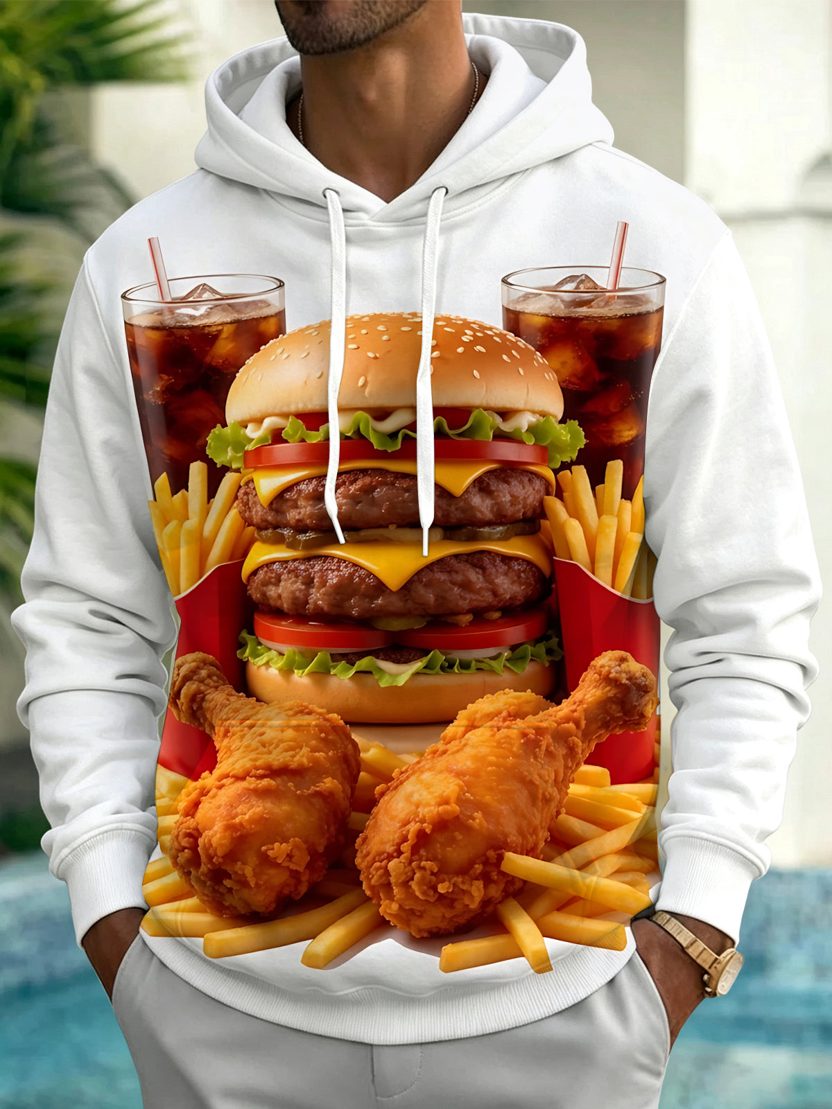 Adaychic Men's Long Sleeve Hoodie - Hamburger French Fries Fried Chicken And Soda Print