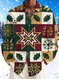Adaychic Men's Long Sleeve Shirt - Christmas Patchwork With Holly Leaves And Snowflakes Print with Chest Pocket