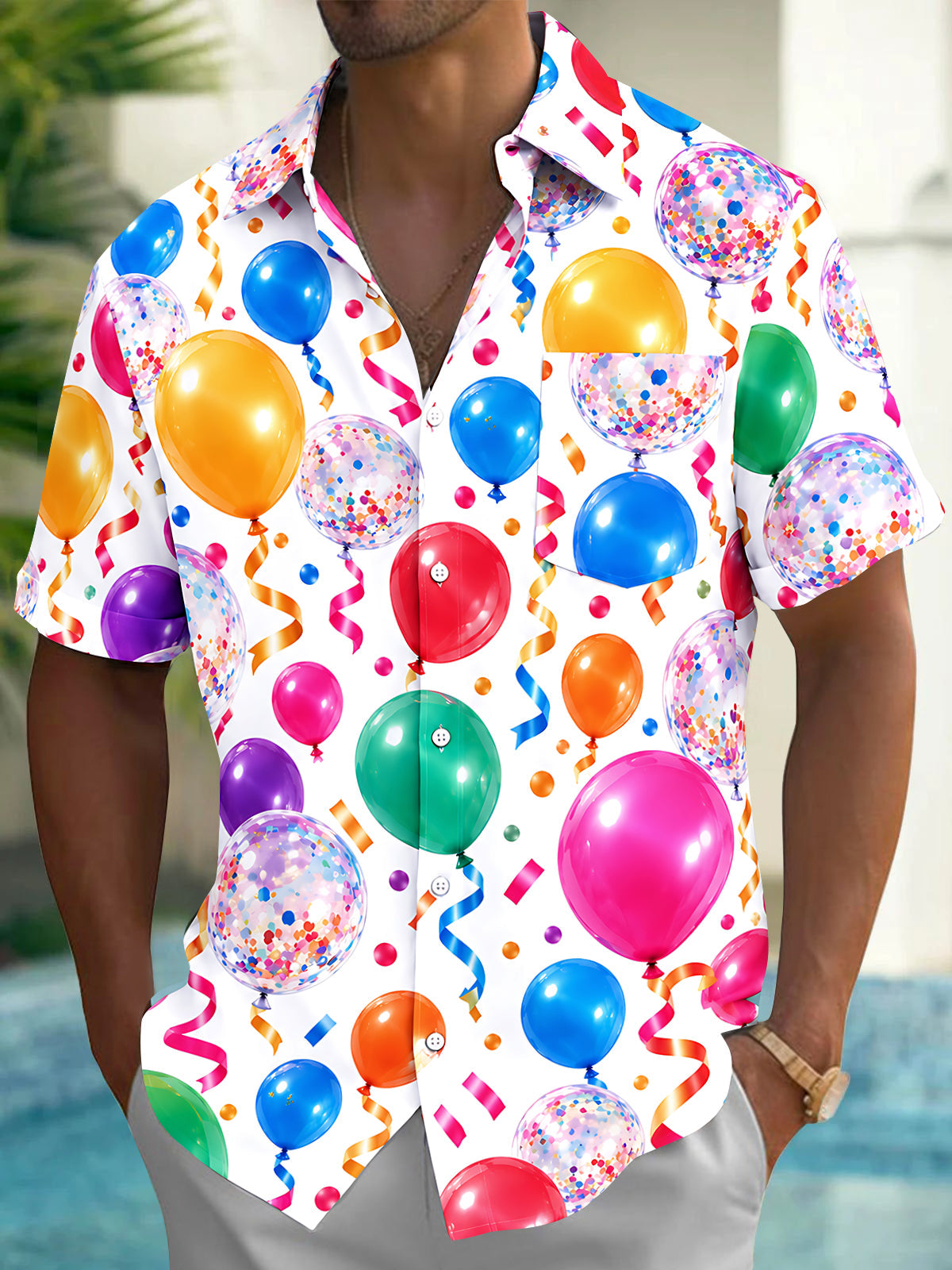 Adaychic Men's Hawaiian Colorful Balloons And Confetti Print Short Sleeve Shirt with Chest Pocket
