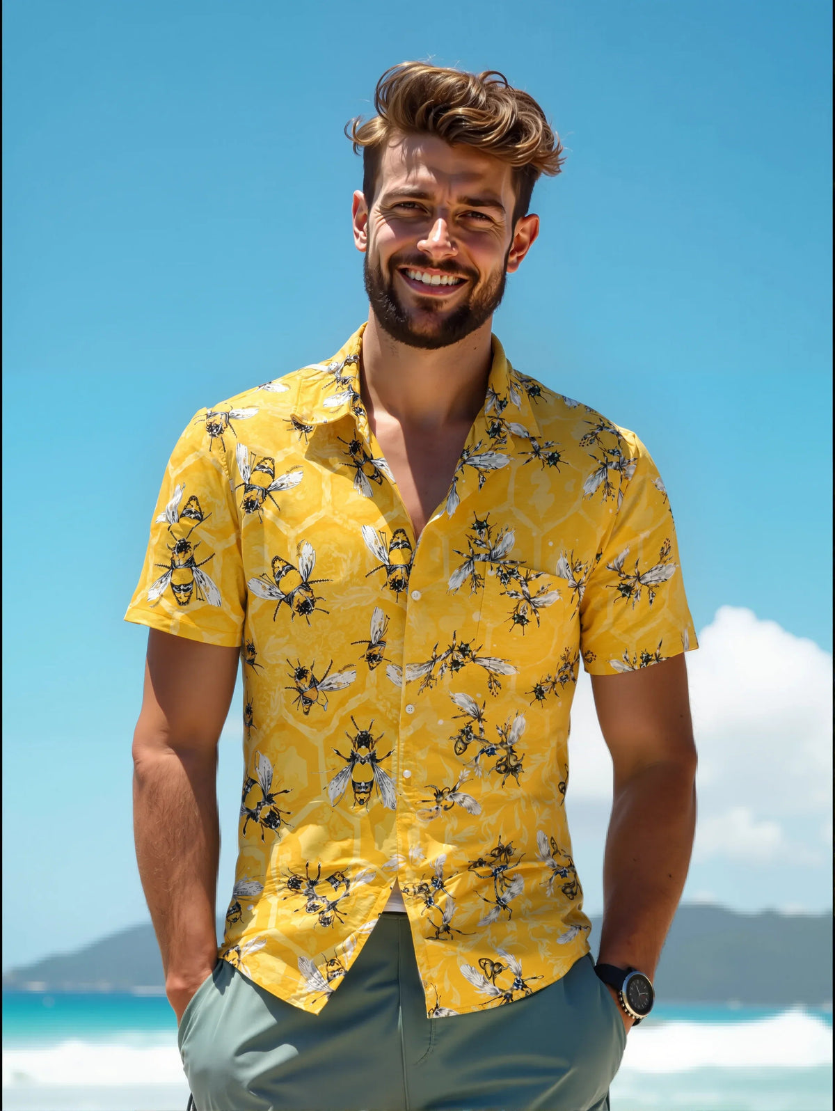 Adaychic Men's Bee Honeycomb Pattern Print Short Sleeve Button Down Shirt with Chest Pocket