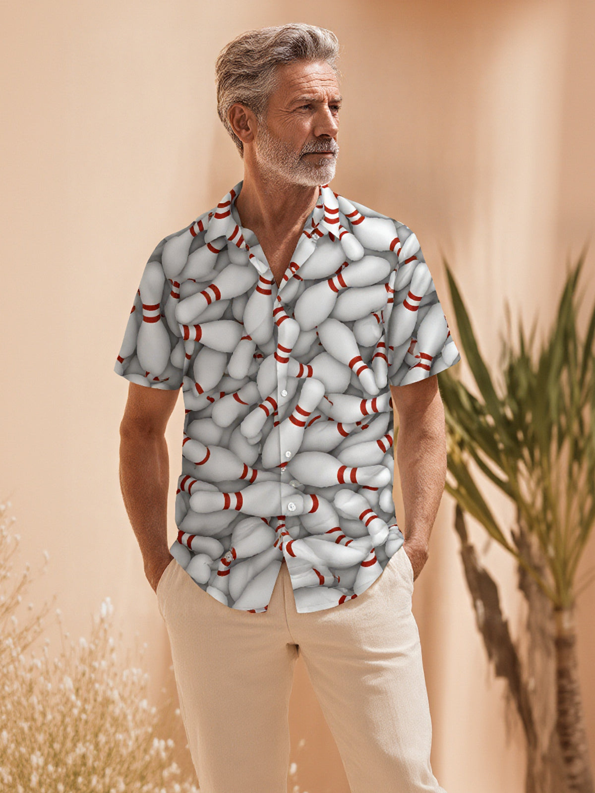 Adaychic Men's Graphic 3D Bowling Pins Pattern Print Short Sleeve Button Down Shirt with Chest Pocket