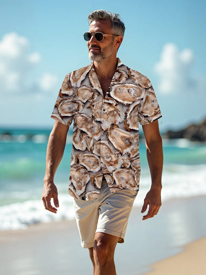 Adaychic Men's Graphic Oyster Seafood Pattern Print Short Sleeve Button Down Shirt with Chest Pocket