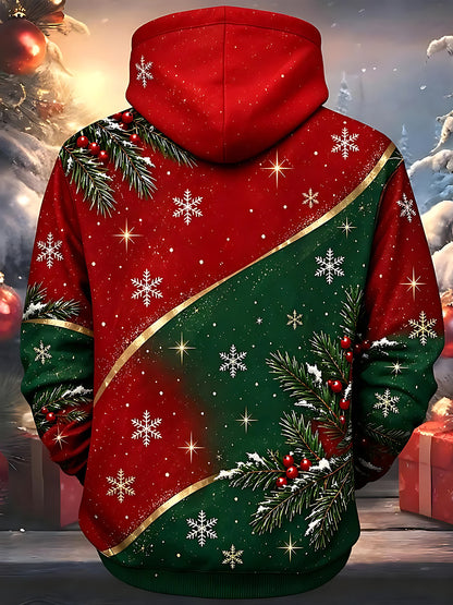 Adaychic Men's Christmas Pine Branches And Snowflakes Print Long Sleeve Hoodie